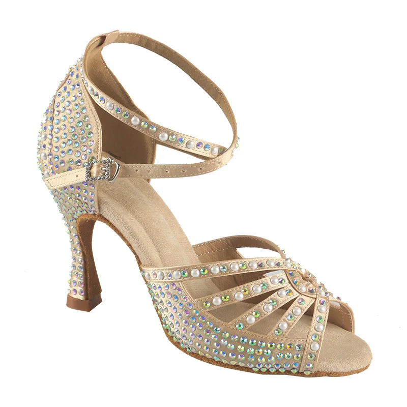 

Wedopus Customized Heel Suede Sole 9CM Suede Sole Champagne Satin Shoes for Latin Dance Shoes with Rhinestones and Pearls