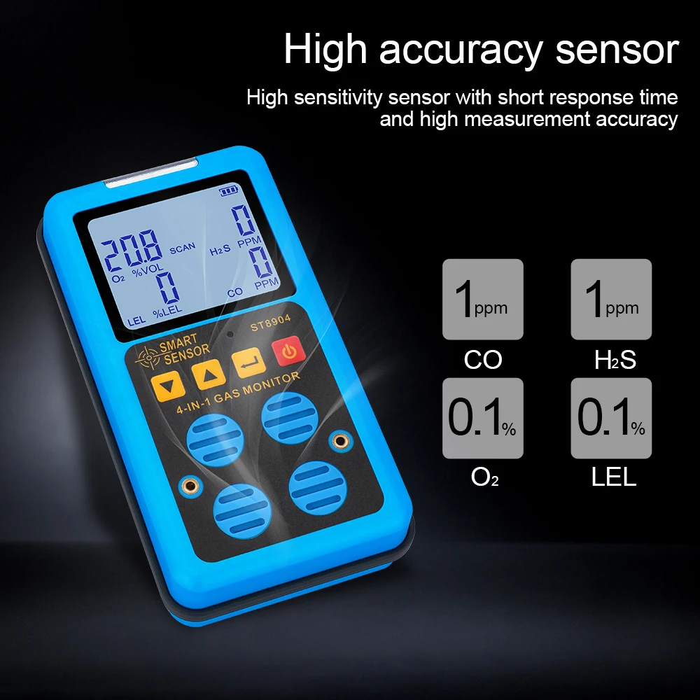 Digital 4 in 1 Gas Detector Oxygen O2 Hydrogen Sulfide H2S Carbon Monoxide CO Combustible Gas LEL Gas Monitor Gas Analyzer