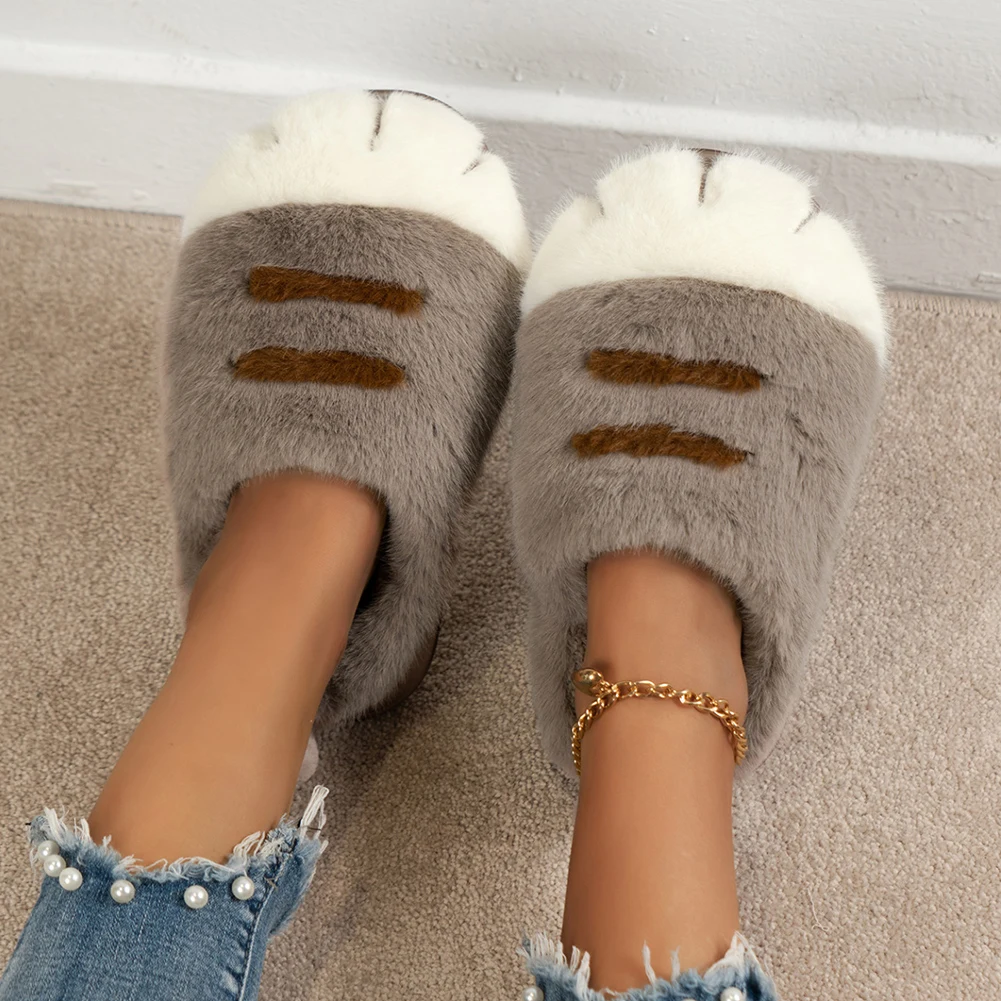 3D Cat Paw Plush Slippers Warm Slip-on House Shoes Comfortable Flat Thermal Slippers Furry Paw Couple Slippers for Autumn Winter