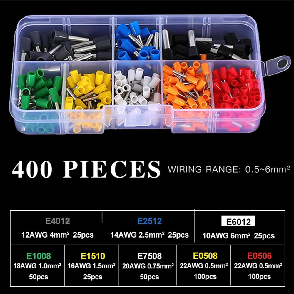 400pcs AWG 22-10 Assortment Ferrule Wire Crimp Connector Cord Pin Terminals Insulated Wire Copper Tubular Crimp Connector E0508