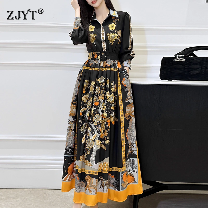 

ZJYT Runway Fashion Spring Print Vintage Long Dresses for Women 2025 New Full Sleeve Shirt Collar Casual Holiday Dress Black