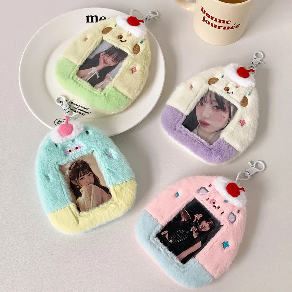 Cute Plush Photocard Holder 3 Inch Korean Idol Card Holder Postcards Storage Card Bag Keychain ID Bus Card Protector Case Sleeve