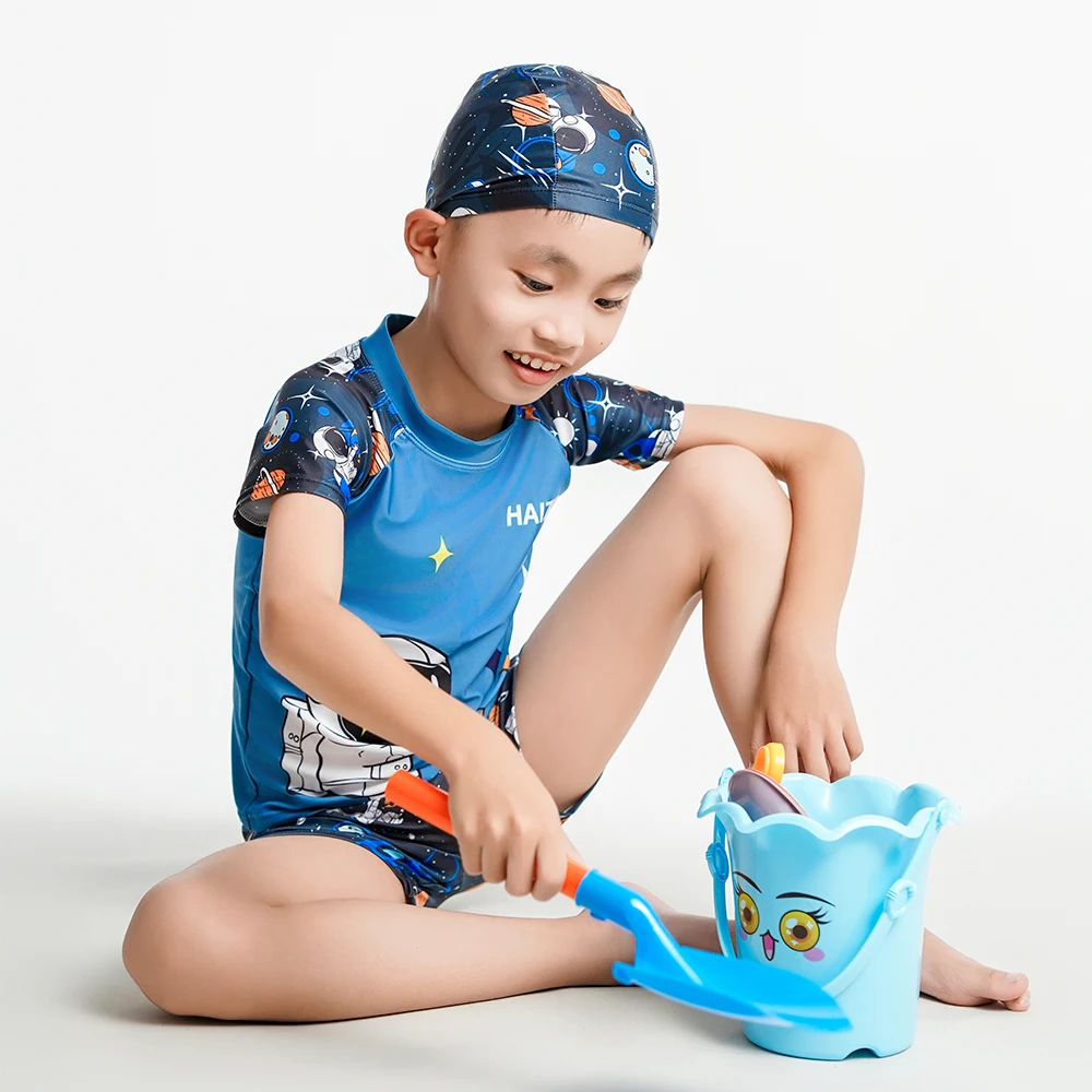 Boys Swimsuit 3-Piece Rashguard Sets Cute Cartoon Print Kids Beach Suit Short Sleeve Swimwear with Swim Hat Toddler BeachWear