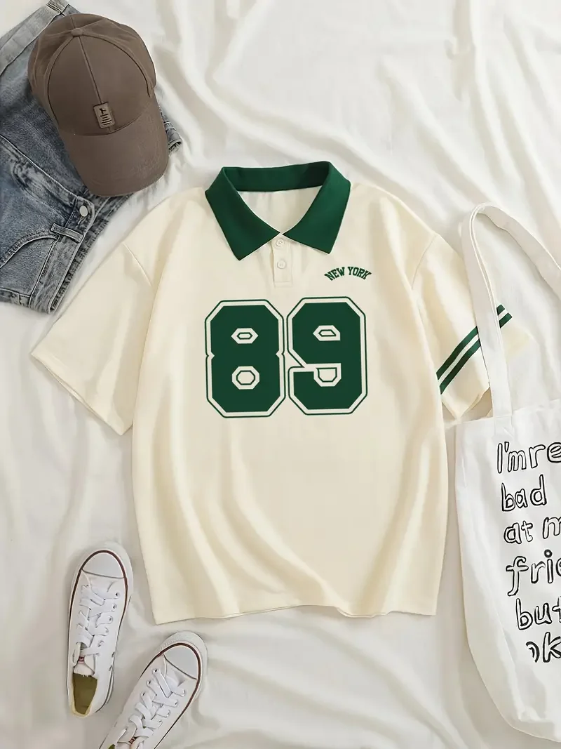 

Number 89 Graphic Casual Style Women's Fashion Versatile Short Sleeve Golf Polo Shirt With Contrast Collar, Women's Activewear