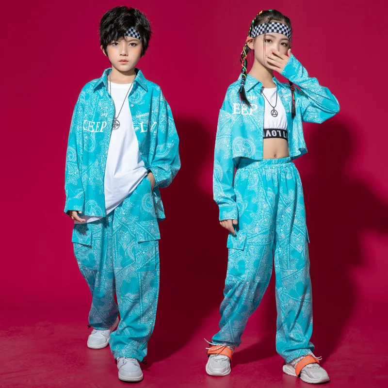 Kid Kpop Hip Hop Clothing Geometry Print Shirt Crop Top Streetwear High Waist Baggy Cargo Pants for Girl Boy Jazz Dance Costume