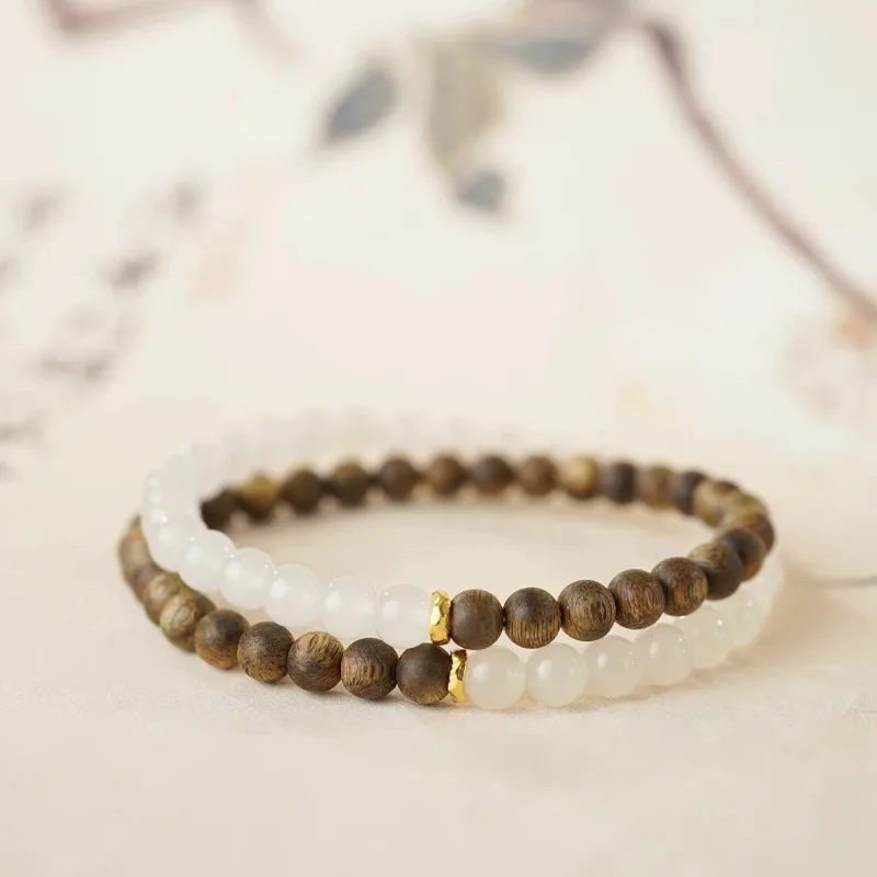 Sandalwood Gold Wood Water Fire Earth Single Circle Bracelet Unisex Premium Blue Water Stackable Buddhist Wooden Bead Gifts