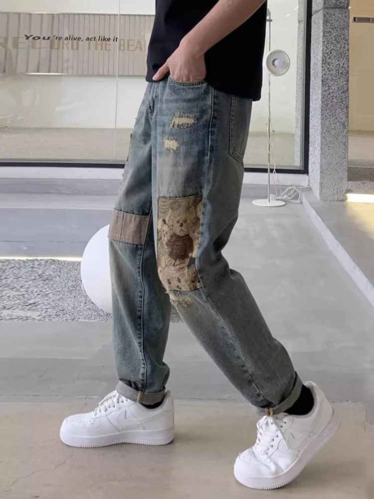 REDDACHIC Creative Bear Patchwork Frayed Ripped Jeans Men Vintage Whiskers Straight Relaxed Denim Pants Trousers Y2k Streetwear