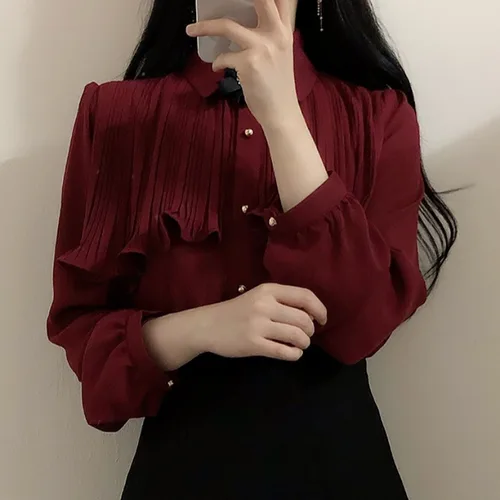 Imagen 2 del producto Tops elegantes de Corea, Blusas estilo japonés, Blusas elegantes y bonitas con botones de trabajo para niñas, camisas blancas Retro Flhjlwoc, Blusas de moda para mujeres