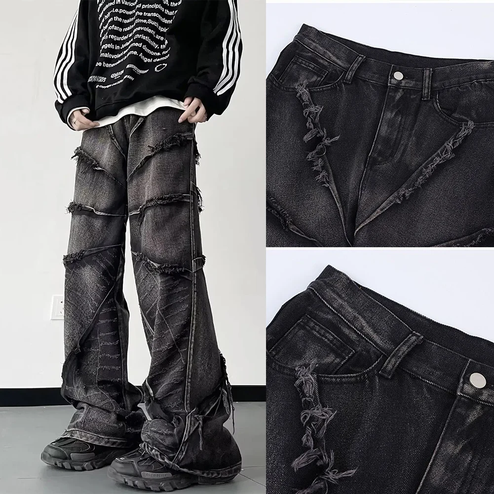 

Men Y2K Punk Street Rock Retro High Waist Jeans Raw Edge Washed Wide Leg Pants Vintage Trouser Streetwear
