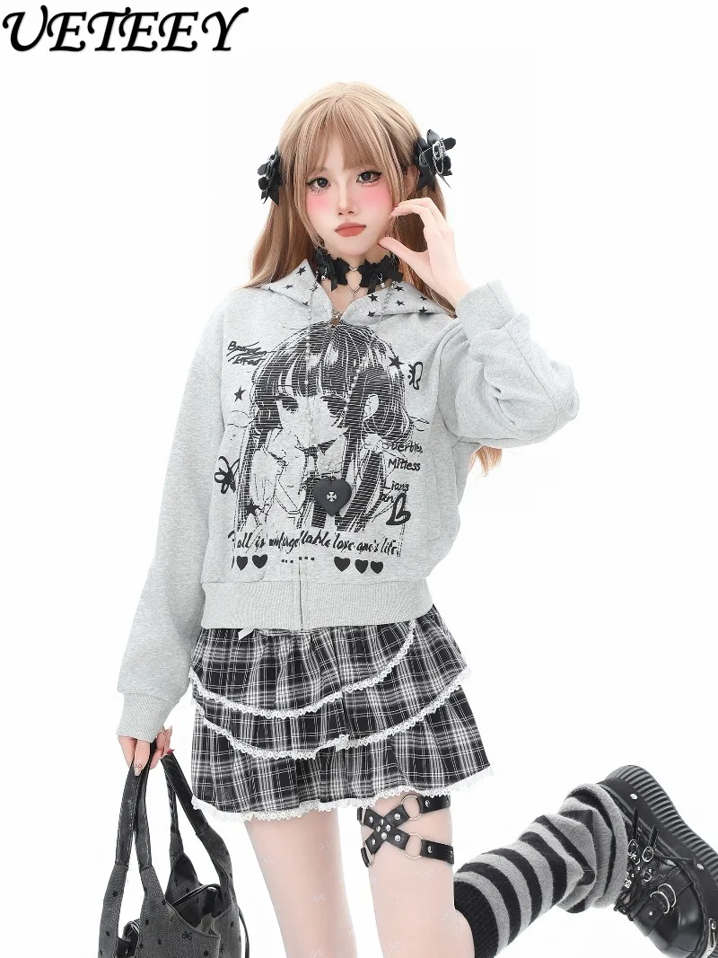 Sweet Anime Girl Cartoon Print Hooded Sweatshirt Jacket for Women Spring and Autumn Slim Fit Versatile Zipper Short Hoodies