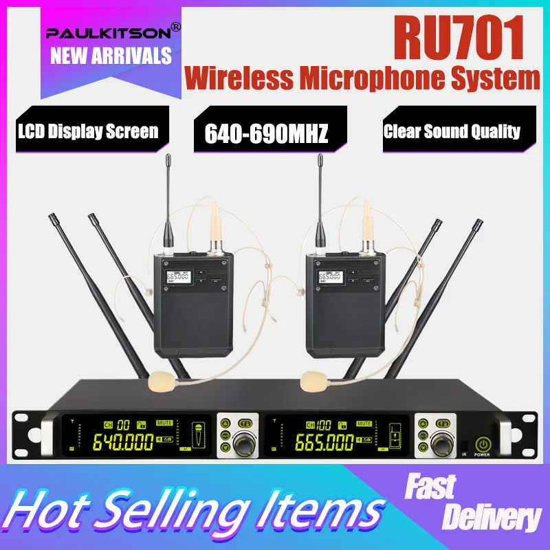 Paulkitson Professional Wireless microphone RU700 Radio System 2-Channel Microfone Headset Mic Lavalier Microfono For Stage