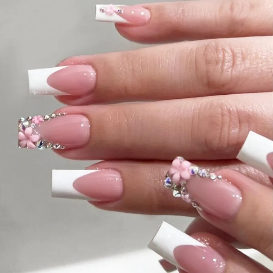 

Pr on Nails Розовые французские накладные ногти Средние стразы Квадратные блестящие белые ногти Глянцевые накладные ногти Искусственные ногти Роскошные Fi