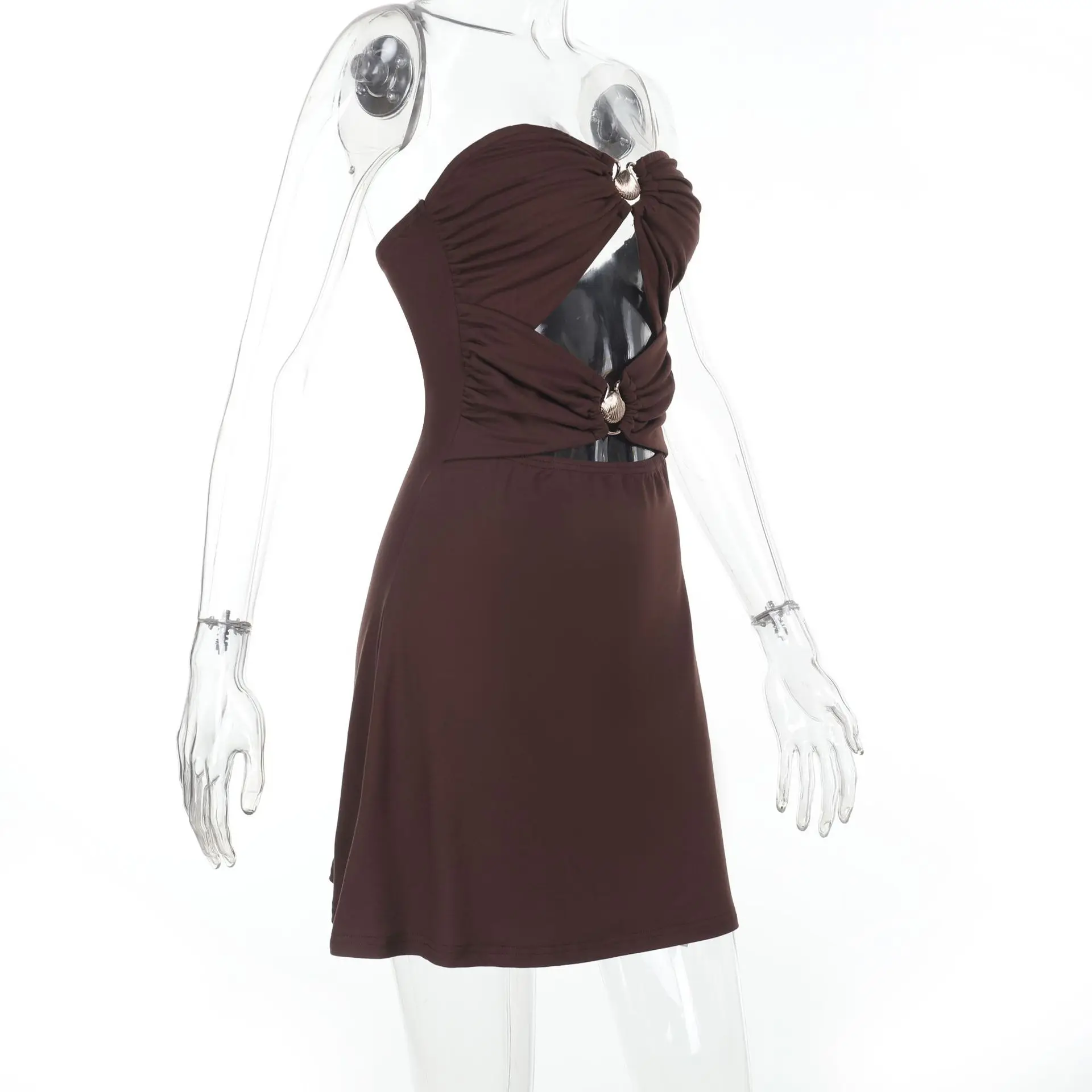 Sexy figurbetontes Schlauchkleid mit Ausschnitten für Damen, ärmellos, trägerlos, Mini-Clubwear mit Metallring, Sommer-Party-Nacht-Outfit