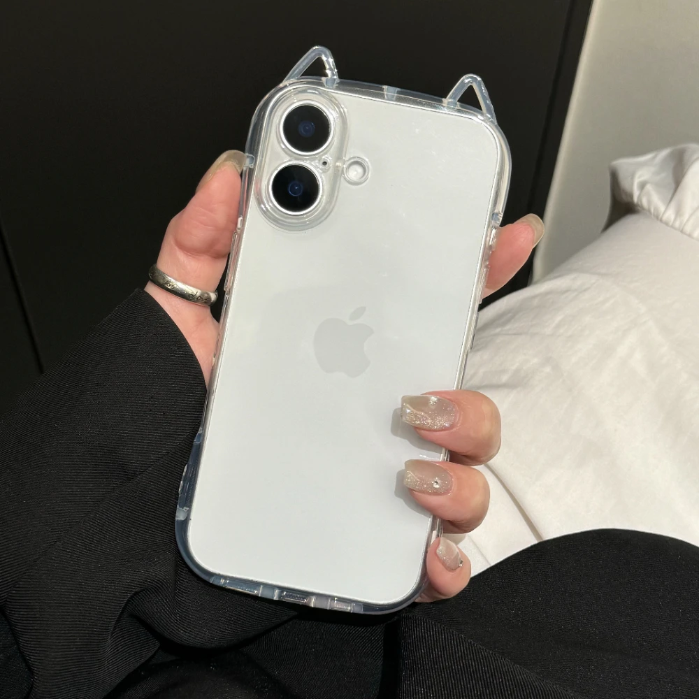 Fashion Clear Cute 3D Cat Ears Phone Case For iPhone 16 15 14 13 12 11 Pro Max 7 8 Plus X XR XS MAX Shockproof Soft TPU Cover