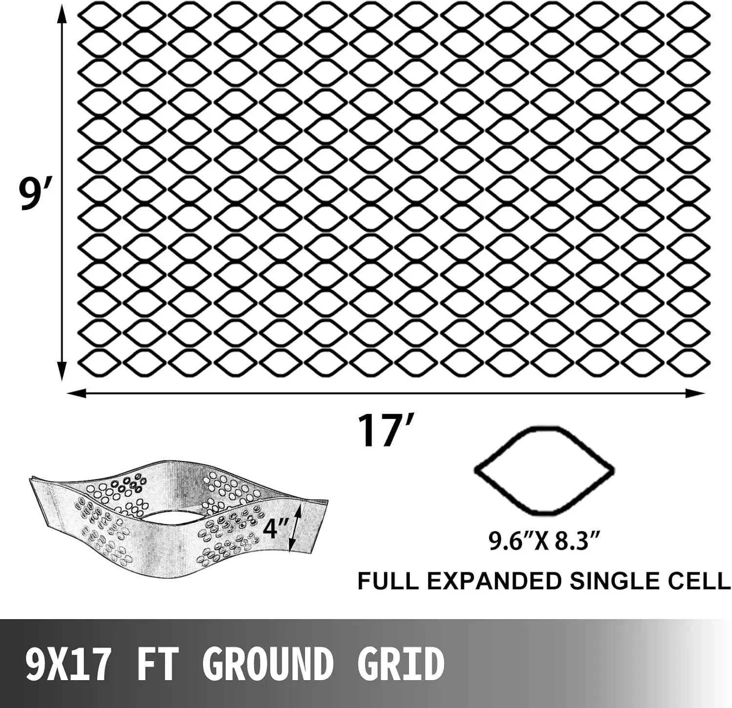 Geo Grid Ground 9x17 футов, Geo Cell толщиной 4 дюйма, гравийный материал HDPE, стабилизация заземления, 1885 фунтов на кв.