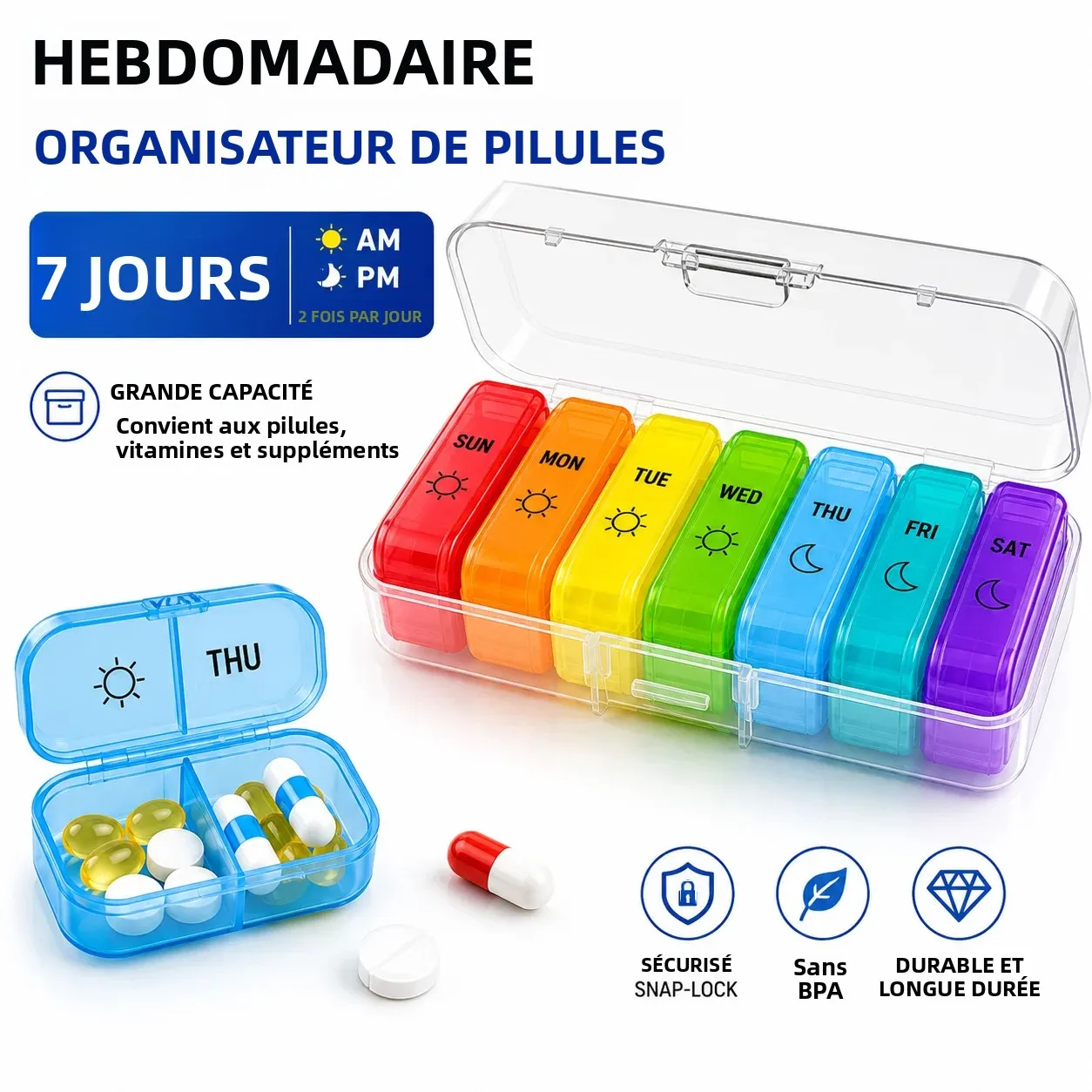 1 ensemble de boîtes à pilules hebdomadaires pour 7 jours, boîte à pilules, boîte à médicaments, boîte à comprimés portable, organisateur de médicaments de voyage, compartiments secrets, boîte à pilules