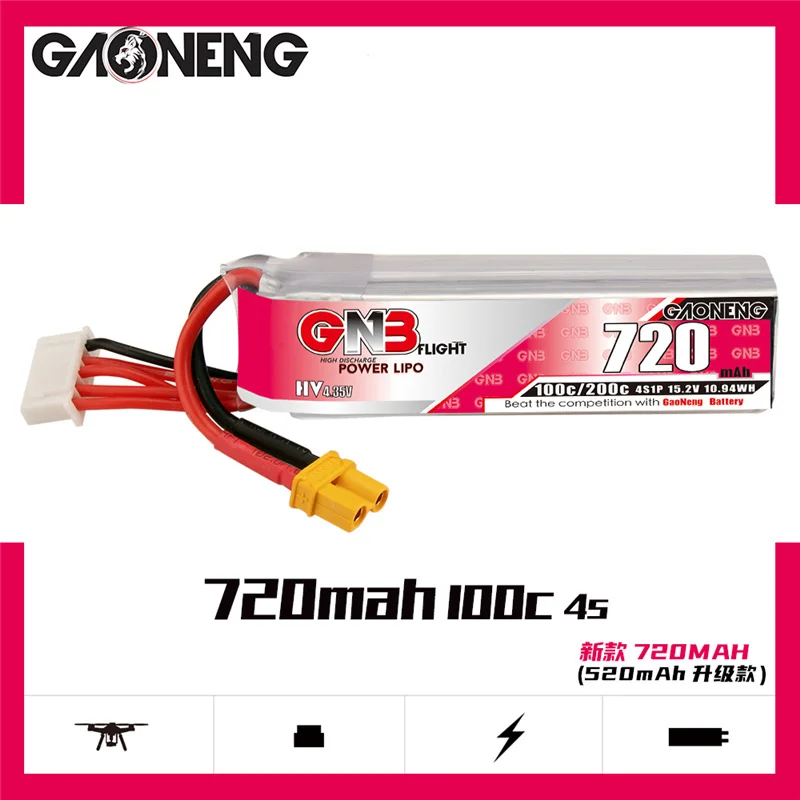 

GAONENG GNB 720mAh 4S 15.2V HV Lipo Battery MAX 100C/200C for RC Tinywhoop FPV Frame Kit Racing DRONE With XT30U-F Plug