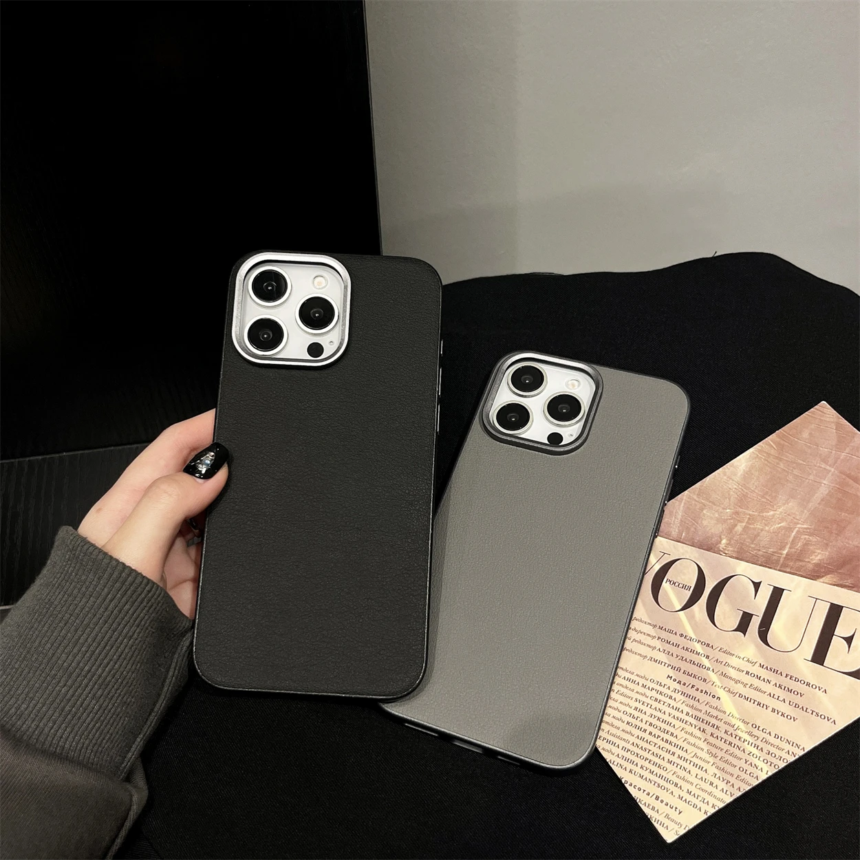 Luxury Minimalist Plain Leather Metal Lens Protect Frame PU Phone Case for iPhone 15 14 Plus 13 Pro Max Black White Back Cover