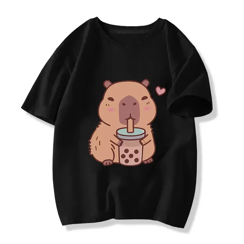 

2025 Funny T Shirt Capybara with Turtle Loves Bubble Milk Tea Printed T Shirt Girls/Boys Kawaii Kids Clothes Harajuku Shirt Tops
