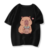 2025 Funny T Shirt Capybara with Turtle Loves Bubble Milk Tea Printed T Shirt Girls/Boys Kawaii Kids Clothes Harajuku Shirt Tops