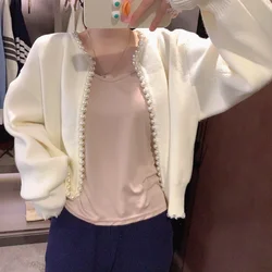 Women Clothing 2022 Spring and Autumn New Fashionable Design Sense Pearl Cardigan Coat Solid Color Short Knit Sweater for Women