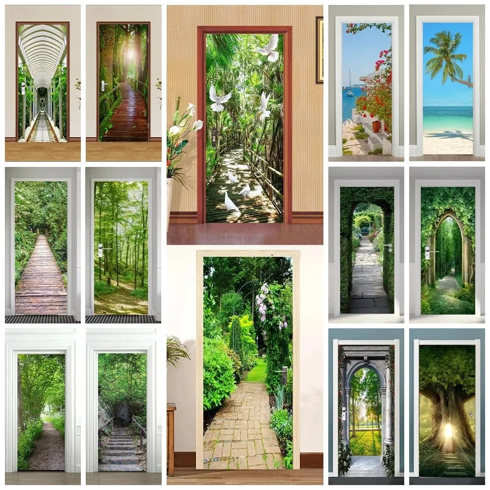 

3D Green Forest Door Sticker Cool Scenery Wrap Full Door Home Decoration Vinyl PVC Waterproof Self Adhesive Poster wallpaper