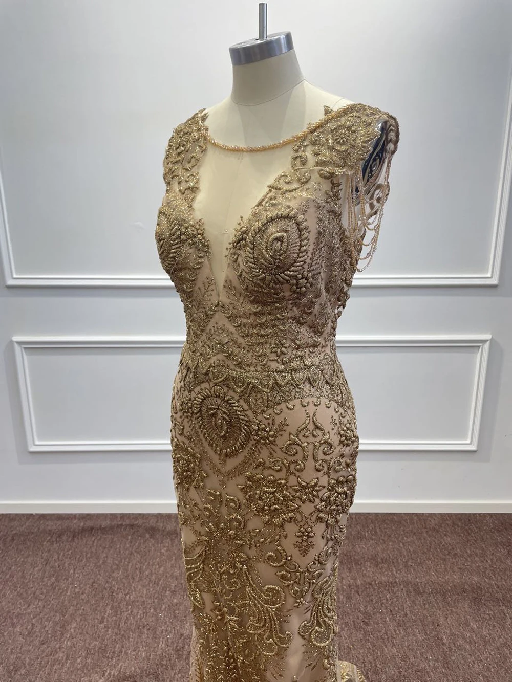 Robe de Soirée de Forme Sirène en Broderie Dorée, Tenue Luxueuse, Arabe, avec des Appliques Perlées, pour un Gala