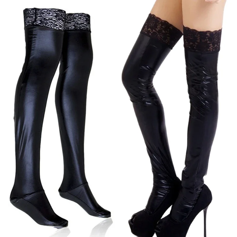 

XXL размера плюс кружевные силиконовые удерживающие высокие чулки до бедра готические панковские гетры из искусственной кожи женские сексуальные строчки