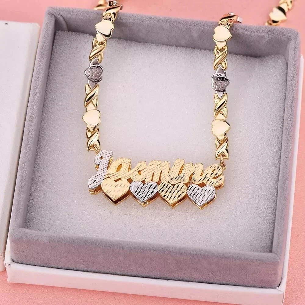 Imagem -04 - Nome Personalizado Colares Double Layer Heart Necklace Xoxo Heart Chain For Women Personalized Hip Hop Pendant Aço Inoxidável