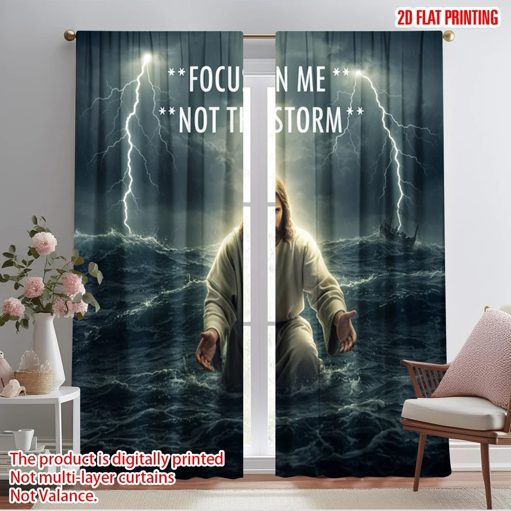 

2pcs 2D flat printing Curtain Jesus Focus Storm Faith Polyester Without Electricity All Season Party & Holiday Decor Perfect for