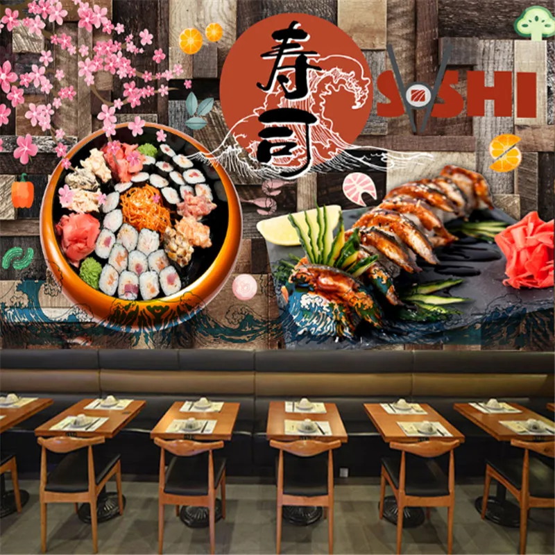 Modern Wooden Board Japanese Sushi Wallpapers Industrial Decor Sakura Picture Restaurant Background Wall Papers Mural 3D