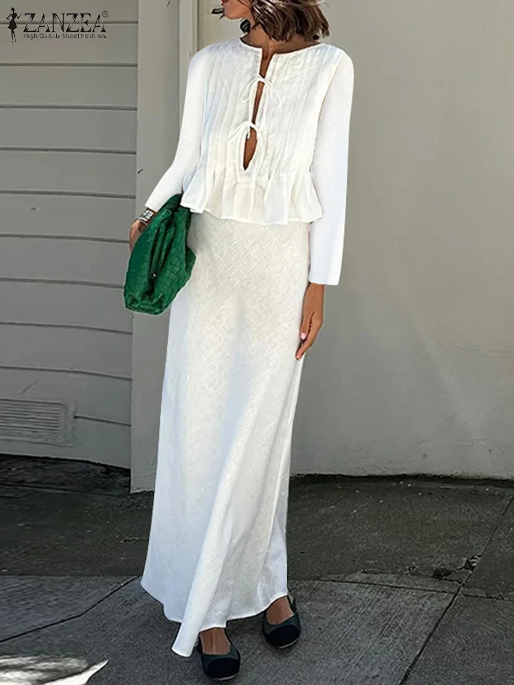 

ZANZEA 2025 Осенние легкие комплекты из 2 юбок, женские модные топы с длинными рукавами и завязками спереди и макси-юбки, костюмы из 2 предметов