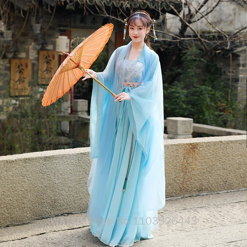 In Stock Hanfu Women's Chinese Traditional Style Clothes Blue Dresses Performance Costume Cosplay Fairy Girl XXXL Custom Made