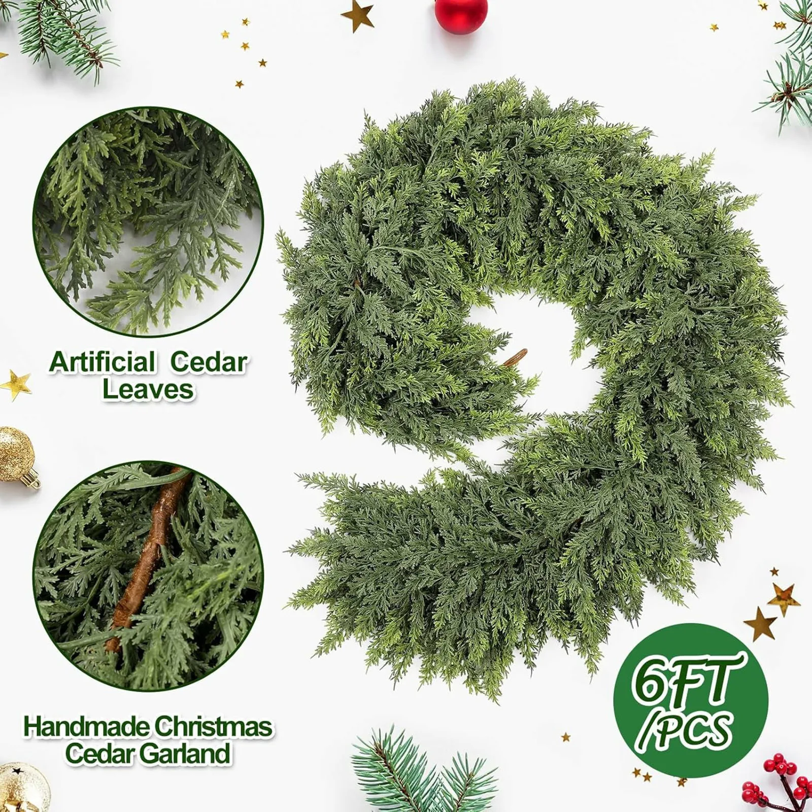 

6.6ft Handmade Christmas Garland Artificial Cedar Needles Green Seasonal Garland Christmas Indoor Outdoor Christmas Decoration