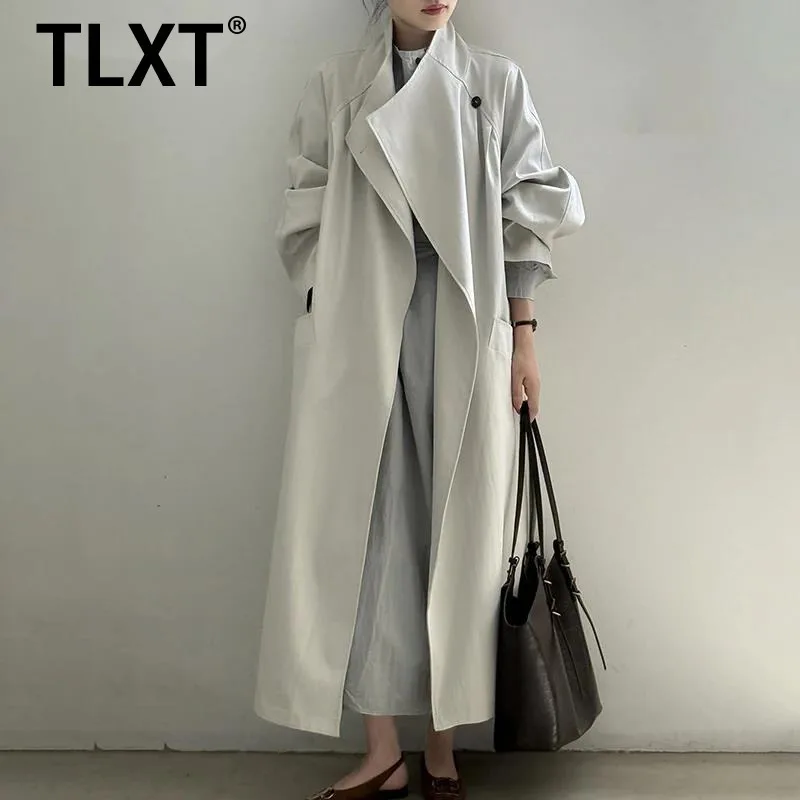 

TLXT модный женский нерегулярный длинный плащ с воротником-стойкой, ветровка со сборкой на талии, офисные женские пальто, новинка осени 202, XK1699