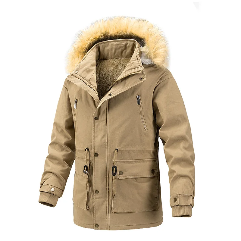 Mens Khaki Winter Coat Fleece Lined Thick Warm Parkas with Hooded Fur Collar Solid Casual Windproof Outdoor Overcoat Man Jacket