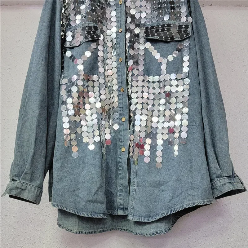 Designer Style 2024 Spring Fashion Streetwear Sequined Beading Denim Blouse Women Jean Shirt