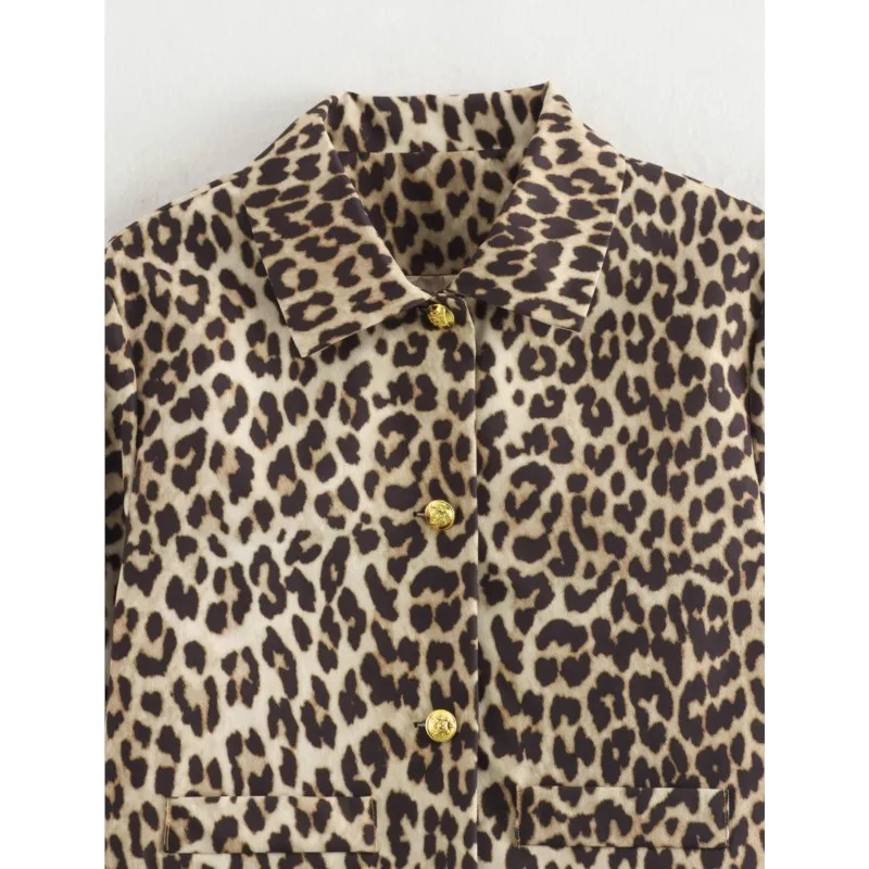 TRAF-Chaqueta corta con estampado de leopardo para mujer, abrigo de manga larga con botones a la moda, prendas de vestir exteriores informales, otoño