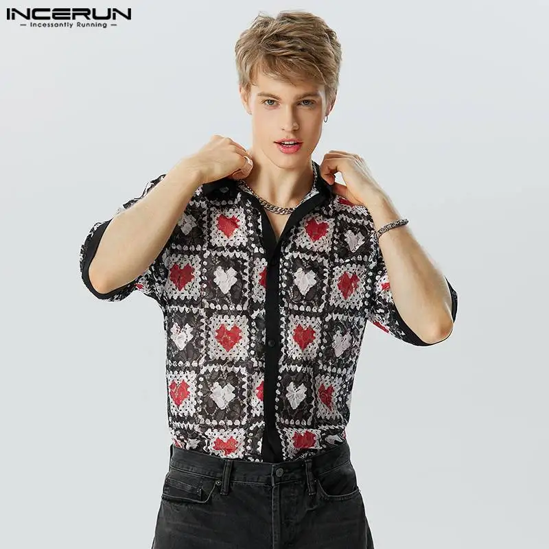 2023 Men Shirt Print Lace Patchwork See Through Lapel Short Sleeve Fashion Button Men Clothing Streetwear Camisas S-5XL INCERUN