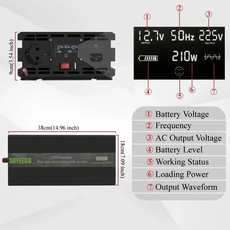 1000W UPS Inverter Charger DC 12V to AC 220V Pure Sine Wave Converter LCD Display Backup Rechargeable Home Car Power Inversor