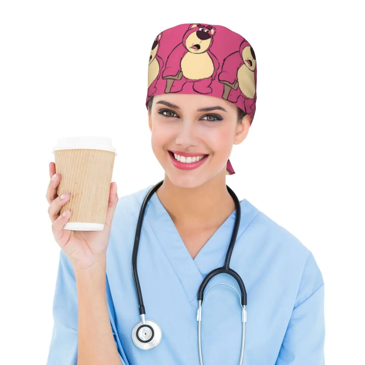Custom Lotso Huggin Bear Anime Working Cap Surgical Hats Women Men Operating Room Cap Operator Hats Lab Works Hat