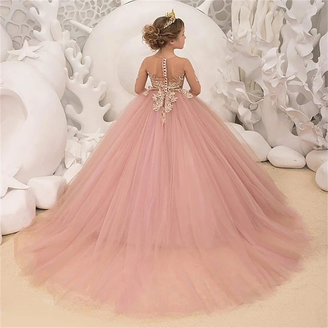 Lace Applique Girls Pageant Dress Tulle Long Sleeves Flower Girl Dress Sccop Tulle Princess Brithday Gowns Long Ball Gown Girl D