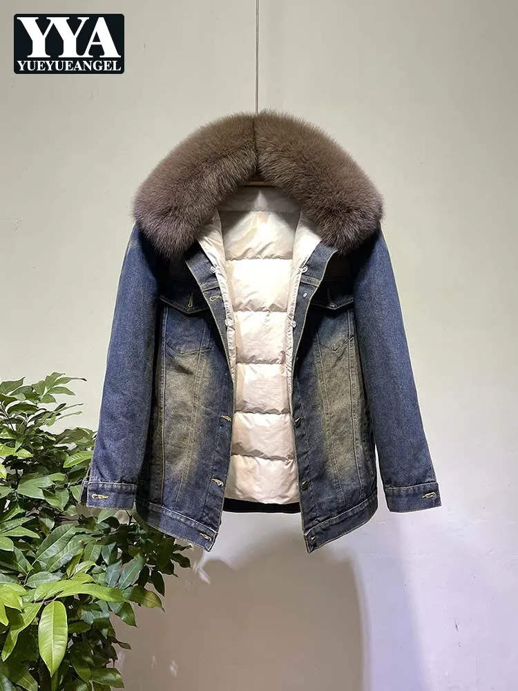 

Лидер продаж, зимнее женское пальто с воротником из натурального лисьего меха, съемный пуховик, теплая толстая пуховая джинсовая куртка, новые однобортные куртки-пуховики