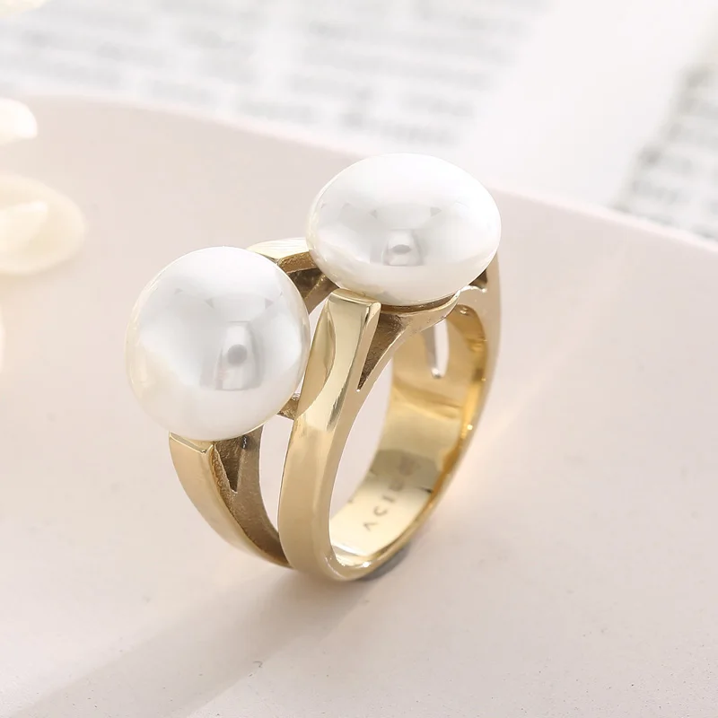 New Stainless Steel Rings For Women Gold Silver Color Double Shell Imitation Pearl Wedding Bands Rings Mujer Finger Jewelry Gift