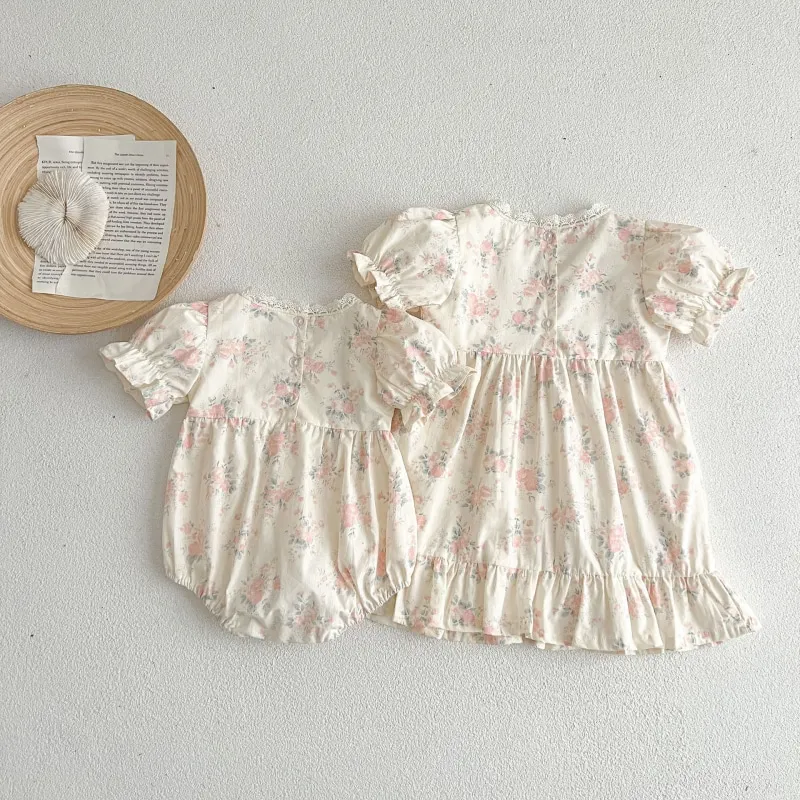 Newborn Baby Girl Flower Lace Cotton Romper Dress Infant Toddler Child Short Puff Sleeve Jumpsuit Pullover Baby Clothes 3-18M