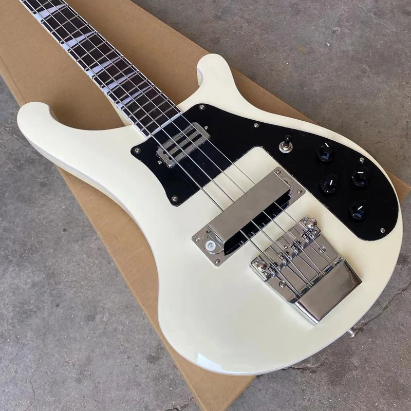 4003 Electric Bass Guitar, Cream White 4 String Bass, Upgrade Adjustable Bridge Available, Rosewood Fingerboard, Black Pickguard