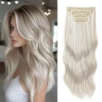 24 pulgadas 61 cm Clip en onda del cuerpo sintético Ombre marrón Rubio 27/613 Clips blancos extensiones de cabello 4 unids/lote 220g fibra resistente al calor