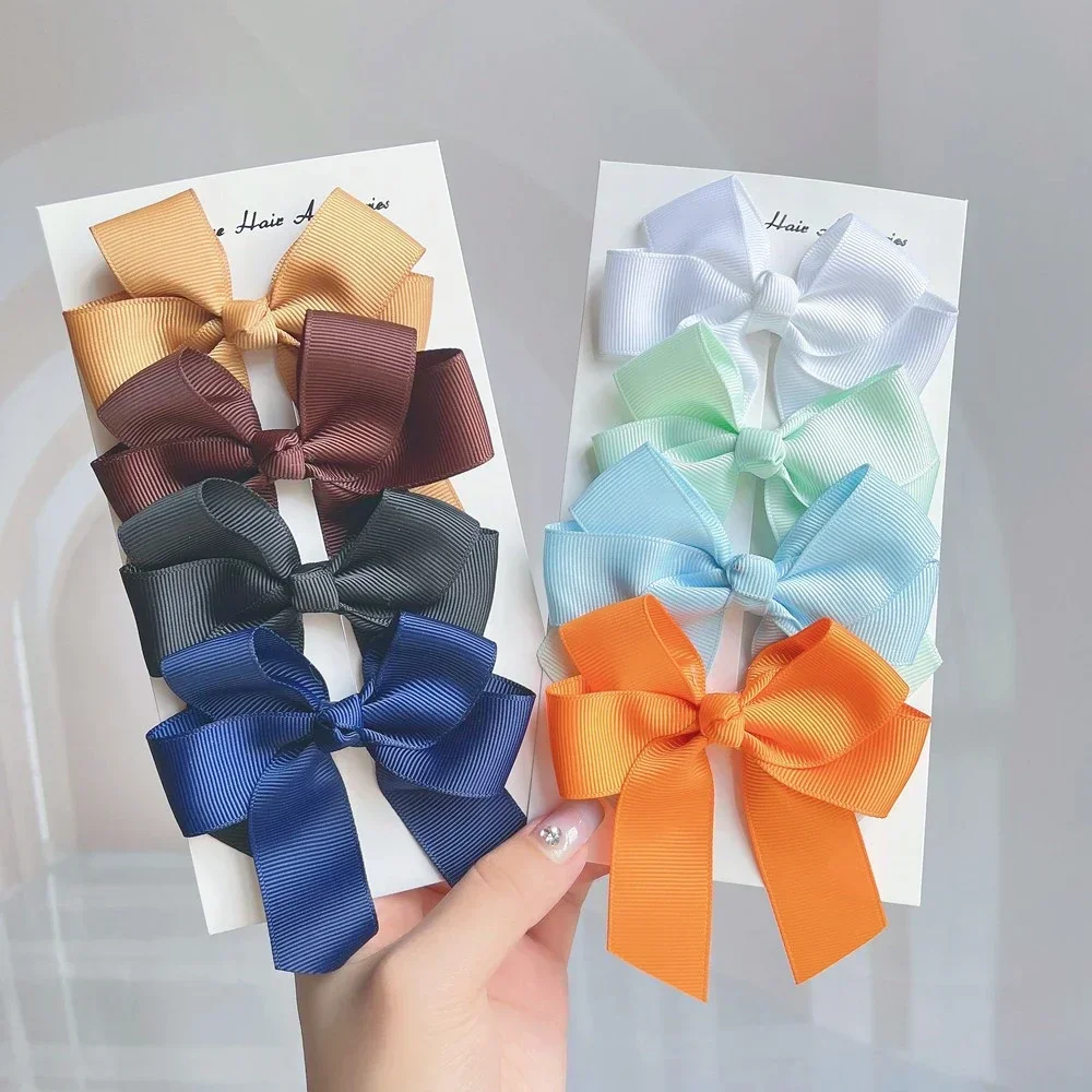 2pcs 3.6\'\' Solid Color Bowknot Hair Clips For Cute Girls Classic Bows Hairpins Barrettes Headwear Kids Hair Accessories Gift