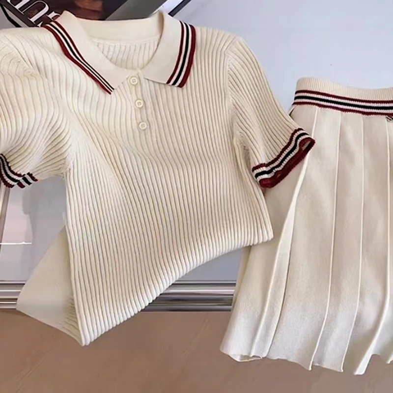 Conjunto Faion de verano para mujer, Top con cuello de punto Miu Sle, Falda plisada, traje de dos piezas, traje informal ort Sve