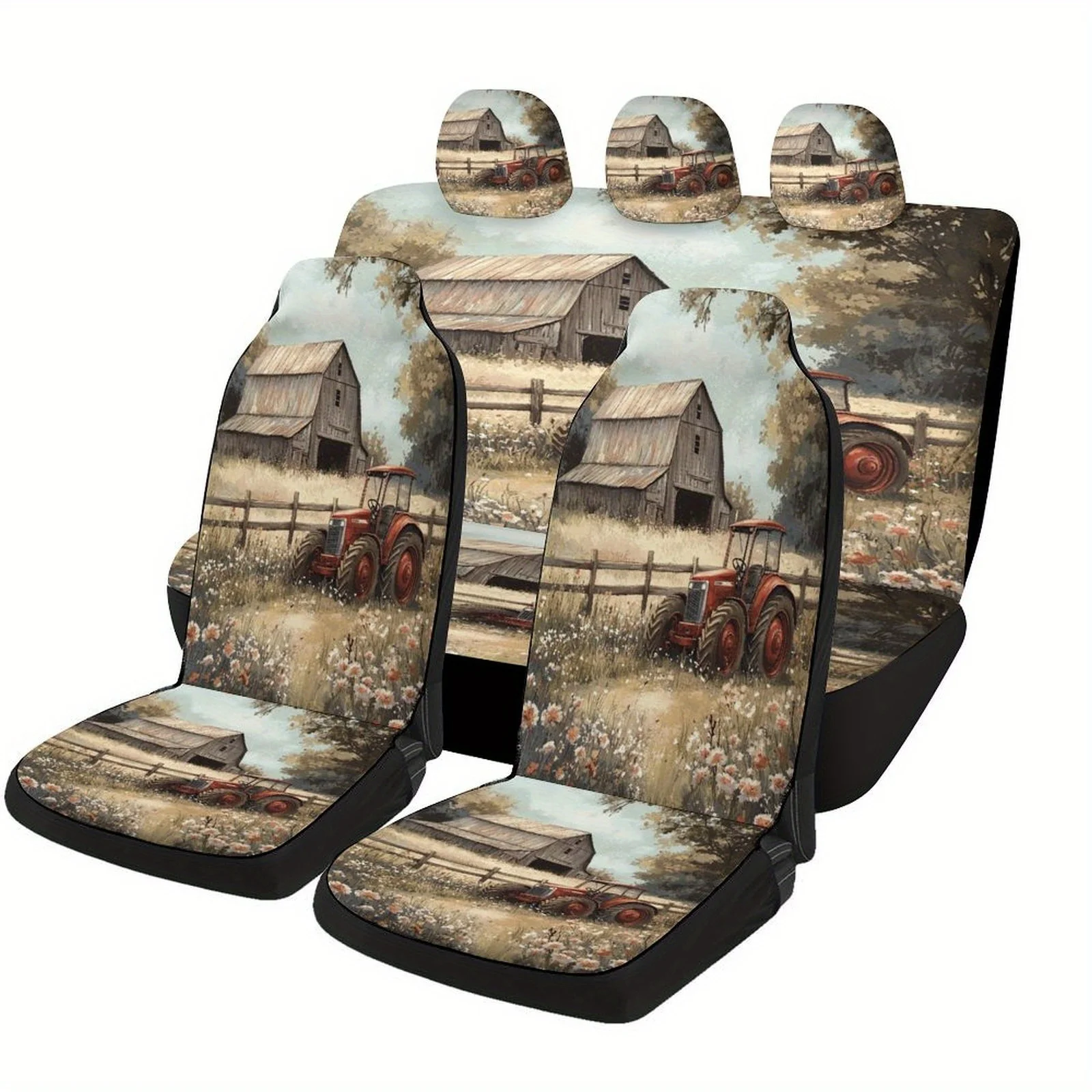 Rustic Barn And Tractor Themed Car Seat Cover Set For Most Cars, Fashion Personalized Novelty Car Seat Protector Covers Full Set